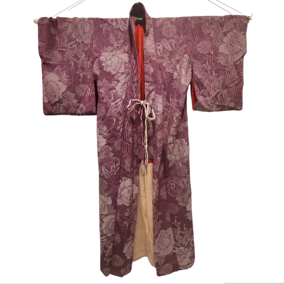 Japanese Other - Japanese Purple and Cream Floral Rose Striped Meisen Lined Silk Kimono Handmade
